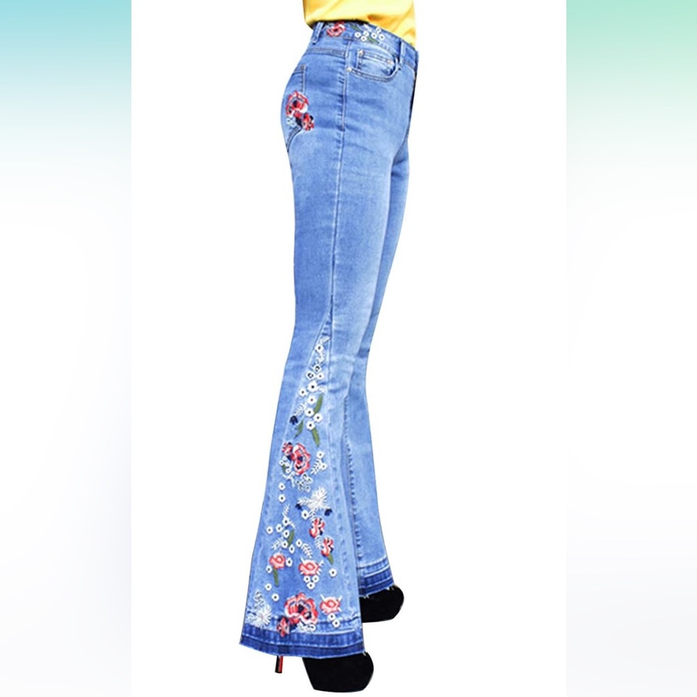 Women's Embroidered Bell Bottom Jeans Stretch Flared Fit Wide Leg Denim Pants
